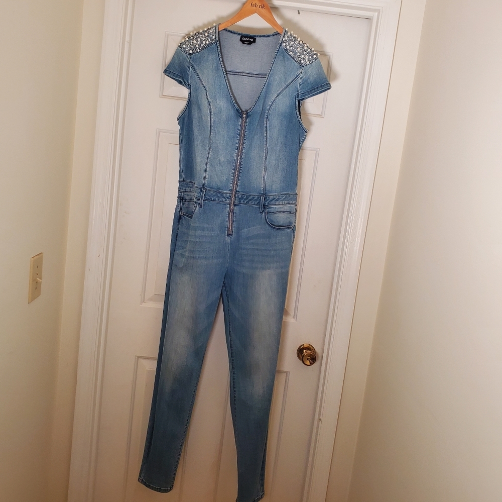 Bebe Light Denim Embellished Shoulders Jumpsuit